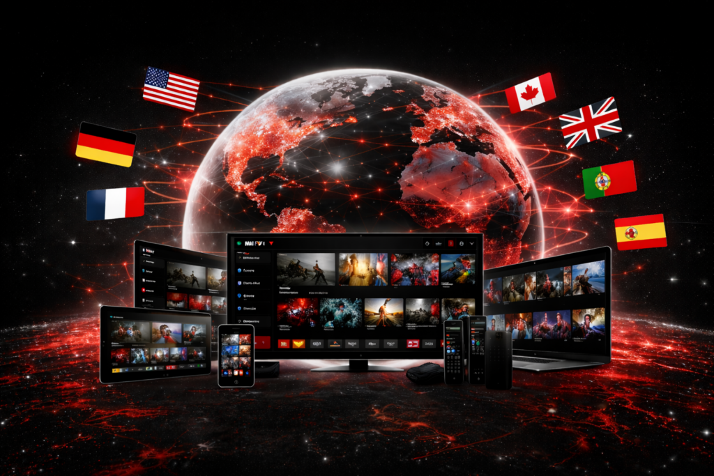 NuFu TV IPTV service displayed across multiple devices with a glowing world map and flags representing global access.
