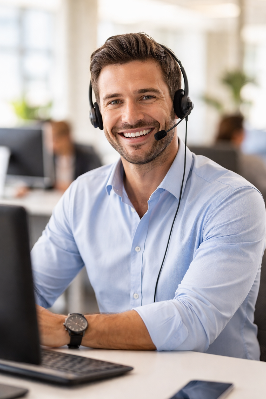 Smiling male call center agent with headset providing customer support for IPTV service in a bright office