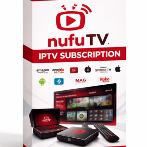 Nufu TV IPTV subscription box with device compatibility icons and streaming interface display