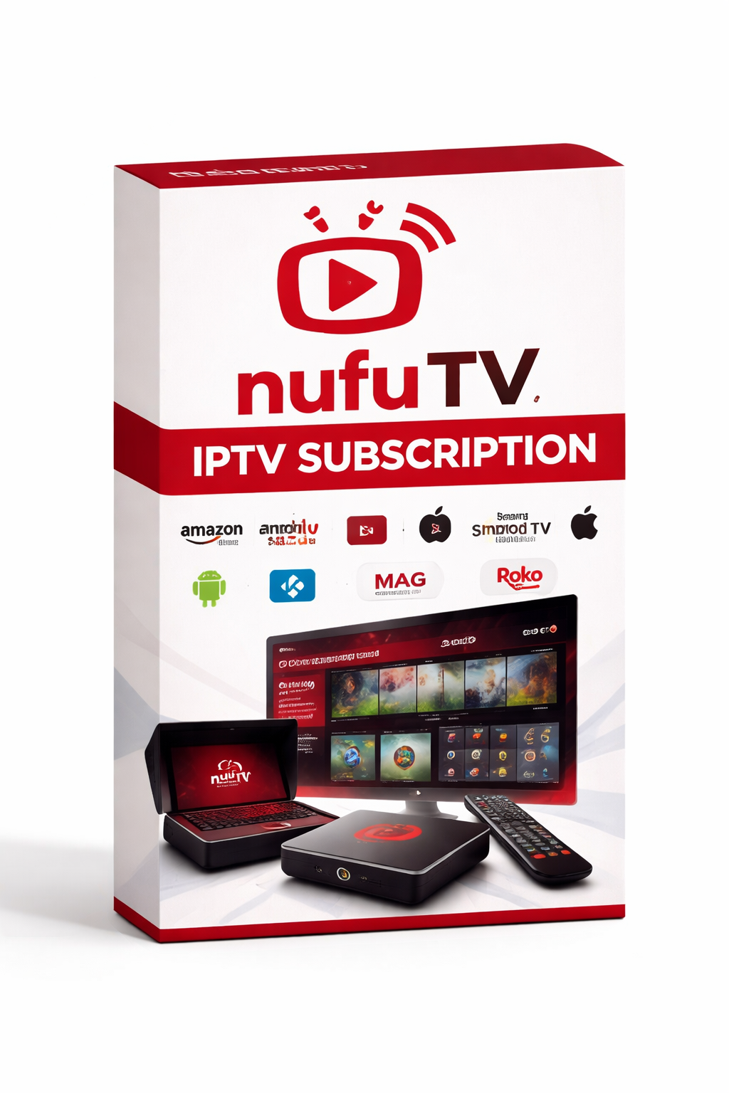 Nufu TV IPTV Subscription Box – Multi-Device Streaming Service Nufu TV IPTV subscription box with device compatibility icons and streaming interface display
